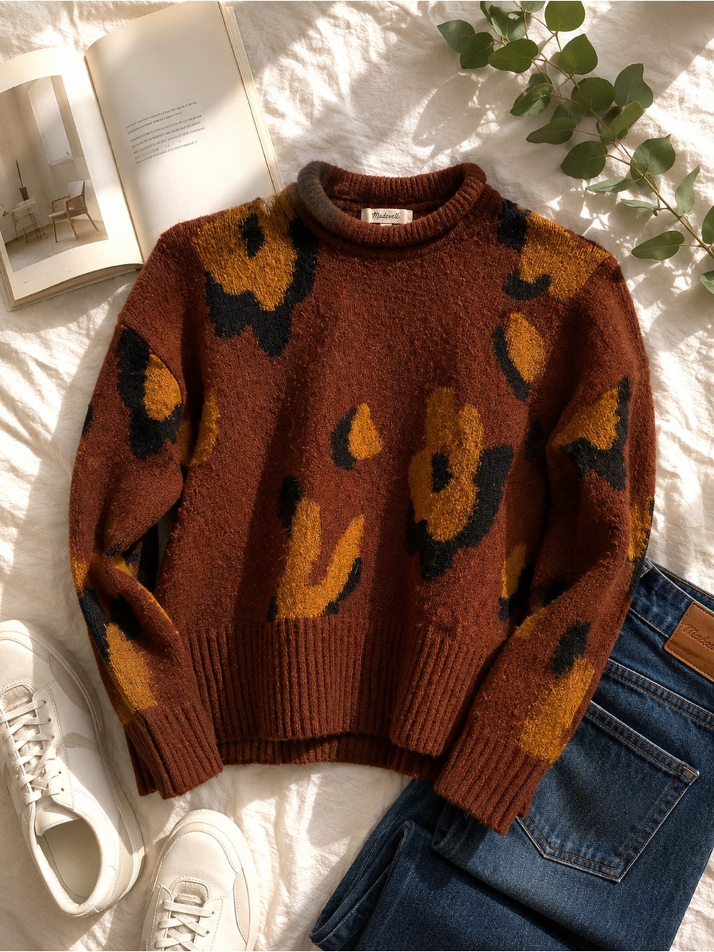 Madewell Abstract Floral Alpaca Wool Blend Sweater XS Cozy Mock Neck
